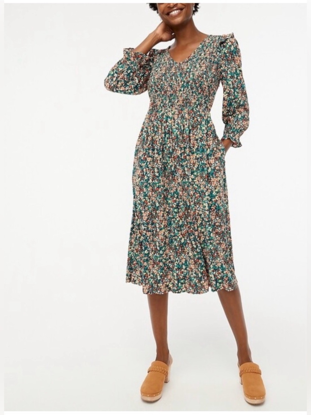 J. Crew V Neck Smocked Midi Dress in Old Forest Coral Floral